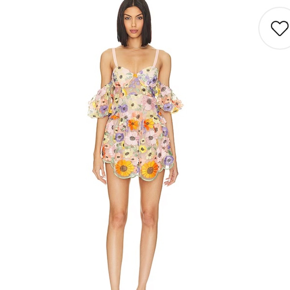 For Love And Lemons Floral Embroidered Mini Dress in Pastel Pink, Yellow, Purple